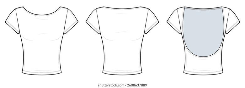 Balletcore Scoop-Back Crop Top Technical Fashion Illustration. Fitted Stretch Tee Vector Template. Short Sleeves. Minimalist Y2K Aesthetic. Front, and Back View. CAD Mockup set.