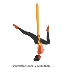 El Personaje De La Mujer Serena Ballética Se Equilibra Elegantemente En Una Hamaca De Seda Al Revés, Su Cuerpo Se Contorsiona Elegantemente Mientras Practica Un Tranquilo Yoga Aéreo, Suspendido En El Aire. Ilustración vectorial de dibujos animados