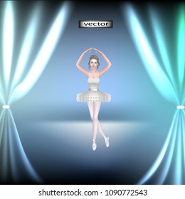 Ballet-Vector realistic illustration of a ballerina, a single performance on stage. Classic ballet tutu white dress for dance.