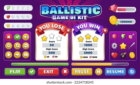 The Ballistic Game UI interface kit for Mobile and Web games with elements- Buttons, icons, win and lose Screens, Loading Bar, Progress Bars and Powers icon - vector design