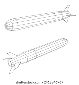 Ballistische Rakete, Hypersonic Rocket, Bombe. Wireframe Low-Poly-Mesh, Vektorgrafik