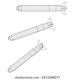 Misil balístico, cohete hipersónico, bomba. Ilustración vectorial de malla baja de malla de alambre