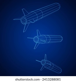 Ballistic Missile, Hypersonic Rocket, Bomb. Wireframe low poly mesh vector illustration