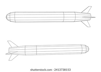 Ballistic Missile, Hypersonic Rocket, Bomb. Wireframe low poly mesh vector illustration