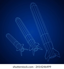 Misil balístico, cohete hipersónico, bomba. Ilustración vectorial de malla baja de malla de alambre