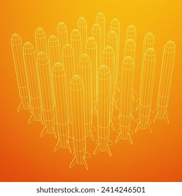 Misil balístico, cohete hipersónico, bomba. Ilustración vectorial de malla baja de malla de alambre