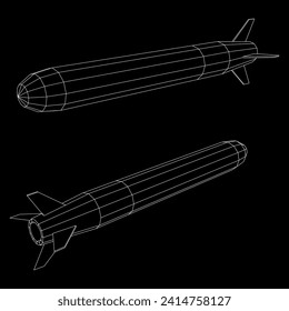 Misil balístico, cohete hipersónico, bomba. Ilustración vectorial de malla baja de malla de alambre