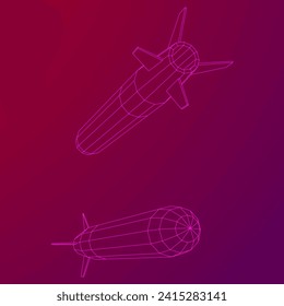 Misil balístico, cohete hipersónico, bomba. Ilustración vectorial de malla baja de malla de alambre