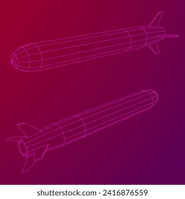 Misil balístico, cohete hipersónico, bomba. Ilustración vectorial de malla baja de malla de alambre