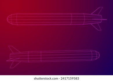 Misil balístico, cohete hipersónico, bomba. Ilustración vectorial de malla baja de malla de alambre