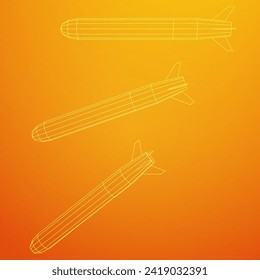 Misil balístico, cohete hipersónico, bomba. Ilustración vectorial de malla baja de malla de alambre