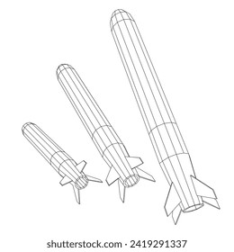 Misil balístico, cohete hipersónico, bomba. Ilustración vectorial de malla baja de malla de alambre
