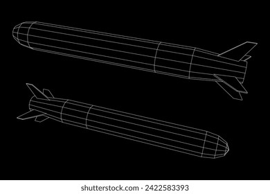 Misil balístico, cohete hipersónico, bomba. Ilustración vectorial de malla baja de malla de alambre