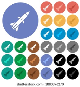 Ballistic missile multi colored flat icons on round backgrounds. Included white, light and dark icon variations for hover and active status effects, and bonus shades.