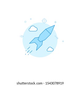 Ballistic missile, rocket flight vector icon. Flat illustration. Filled line style. Blue monochrome design. Editable stroke. Adjust line weight.