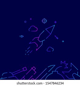 Ballistic missile, rocket flight vector gradient line icon, illustration, symbol or pictogram, sign. Dark blue background. Related bottom border.