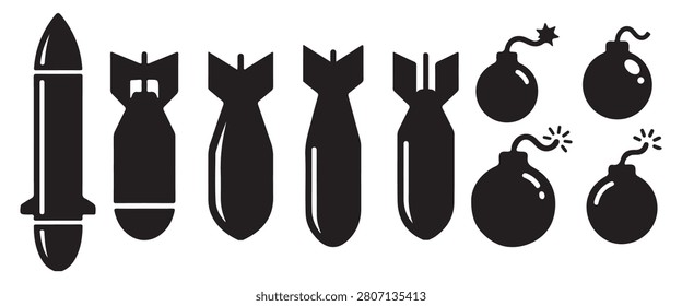 Ballistic Missile Silhouette Vector Icon – Military Ordnance, Aerial Weapon and Defense Symbol Illustration