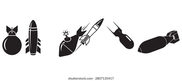 Ballistic Missile Silhouette Vector Icon – Military Ordnance, Aerial Weapon and Defense Symbol Illustration