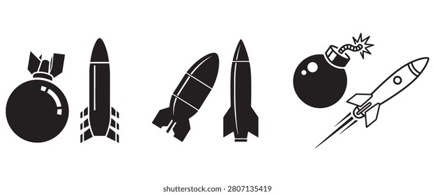 Ballistic Missile Silhouette Vector Icon – Military Ordnance, Aerial Weapon and Defense Symbol Illustration