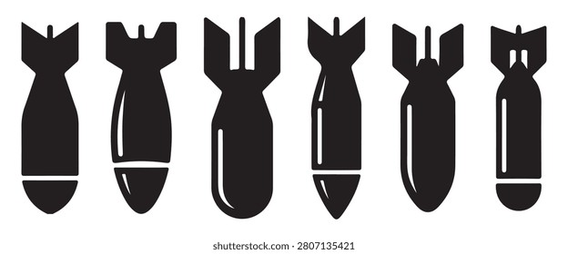 Ballistic Missile Silhouette Vector Icon – Military Ordnance, Aerial Weapon and Defense Symbol Illustration