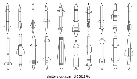 Icono de conjunto de contorno de vectores de misiles balísticos. Ilustración vectorial cohete militar sobre fondo blanco. Misil balístico con un contorno aislado.