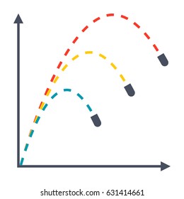 Ballistics concept with trajectories of three projectiles, vector illustration in flat style