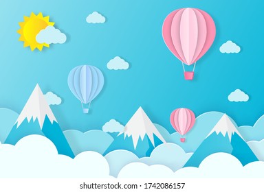 Ballon and Cloud in blue sky and mountains with paper art designs, vector design elements and illustrations