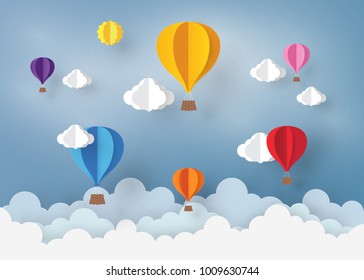 Ballon and Cloud in the  blue sky with paper art design , vector design element  and illustration
