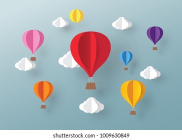 Ballon and Cloud in the  blue sky with paper art design , vector design element  and illustration