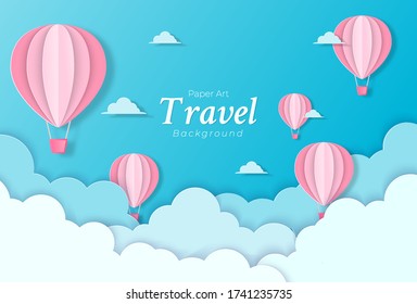 Ballon and Cloud in the blue sky with paper art design , vector design element and illustration