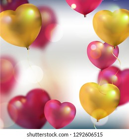 Ballon Hearts  flying on blurred background. Symbols of love for Happy Women's, Mother's, Valentine's Day, birthday greeting card design.  Vector illustration.