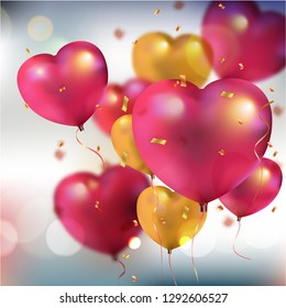 Ballon Hearts  flying on blurred background. Symbols of love for Happy Women's, Mother's, Valentine's Day, birthday greeting card design.  Vector illustration.