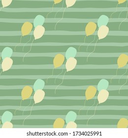 Ballon seamless pattern on green stripes background in vintage style. Air ballons endless wallpaper. Design for fabric, textile print, wrapping paper, cover. Modern vector illustration
