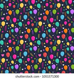 Ballons and confetti,hearts and stars.Party seamless pattern.Holiday and celebration background.