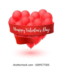 Ballons in form of heart with red ribbon isolated on white background. Valentine's Day greeting card, poste or brochure template. Vector illustration.