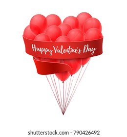 Ballons in form of heart with red ribbon isolated on white background. Valentine's Day poster, brochure or greeting card template. Vector illustration.