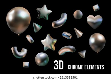 Ballon 3d chroom figuur vector. y2k stijl, ster en elementen voor ontwerp gefeliciteerd, poster.