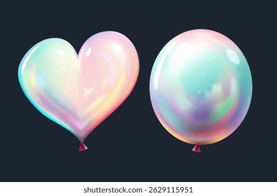 Balloon 3d chrome, heart and ball figure vector. Template Y2k style,   Realistic vector, set of balloon. Helium balloons for Happy birthday, wedding, party anniversary, congratulations.