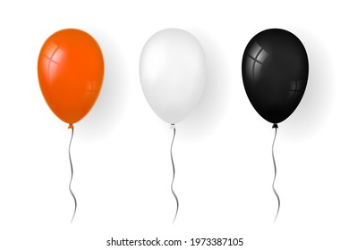 Balloon 3D icon, isolated white background. Baloon mockup for Halloween party celebration. Realistic black orange silver design. Helium gift ballon with ribbon. Glossy decoration Vector illustration