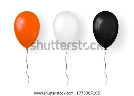 Balloon 3D icon, isolated white background. Baloon mockup for Halloween party celebration. Realistic black orange silver design. Helium gift ballon with ribbon. Glossy decoration Vector illustration