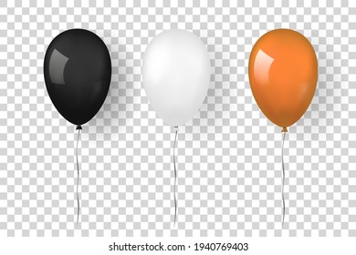 Balloon 3D icon set isolated white transparent background. Baloon mockup Halloween party celebration. Realistic black, silver, orange design. Helium gift ballon, ribbon decoration. Vector illustration