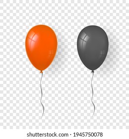 Balloon 3D icon set, isolated on white transparent background. Baloon mockup for Halloween party celebration. Realistic black, orange design. Helium gift ballon, ribbon decoration Vector illustration