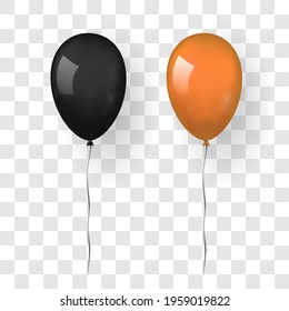 Balloon 3D icon set isolated white transparent background. Baloon mockup Halloween party celebration. Realistic black, orange design. Helium gift ballon, ribbon decoration. Vector illustration