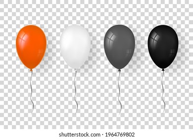 Balloon 3D icon set isolated white transparent background. Baloon mockup Halloween party celebration. Realistic black, silver, orange design. Helium gift ballon, ribbon decoration. Vector illustration