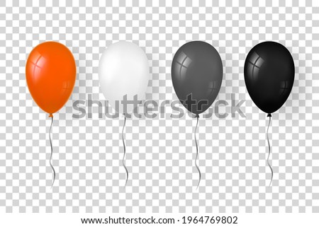 Balloon 3D icon set isolated white transparent background. Baloon mockup Halloween party celebration. Realistic black, silver, orange design. Helium gift ballon, ribbon decoration. Vector illustration