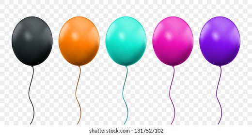 Balloon 3D vector realistic isolated on transparent background. Birthday party orange, pink, green and purple ballons on threads, black celebration balloon