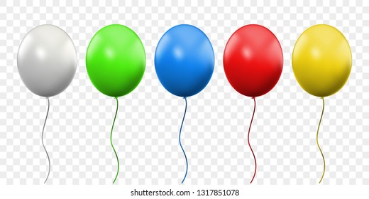 Balloon 3D vector realistic isolated on transparent background. Birthday party colorful ballons with threads and white celebration balloon with glossy reflection