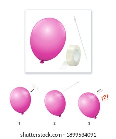 Balloon with adhesive strips that does not burst when stung by a needle. Astonishing physical experiment, amazing magic trick, surprising fun. Vector on white.
