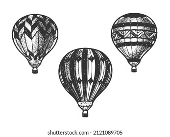 Balloon aeronautics aerostat set sketch engraving vector illustration. T-shirt apparel print design. Scratch board imitation. Black and white hand drawn image.