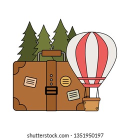 balloon air hot flying with pines and suitcase